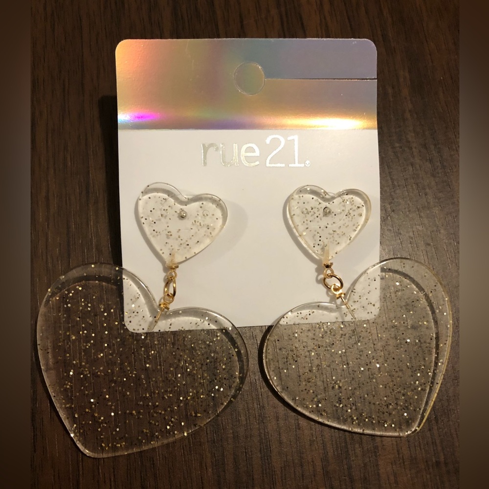 New Rue 21 Clear plastic Hearts Glitter Drop Dangle Earrings #B76